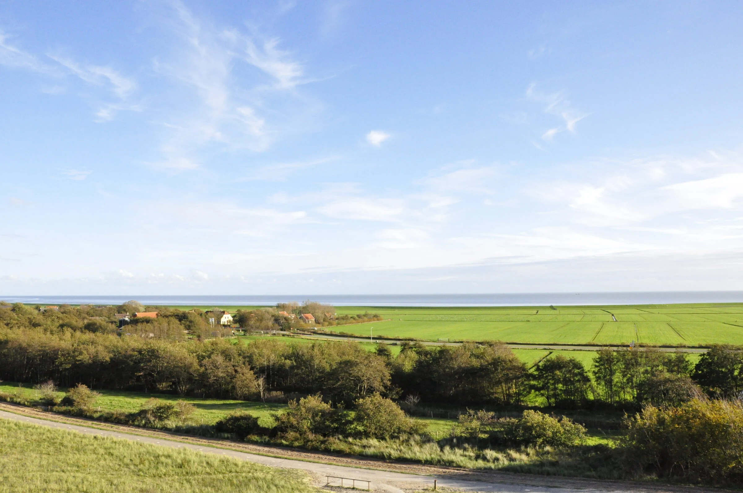Foto genomen vanaf duinen met zicht op binnenduinrand en daarachter open eilandpolder.