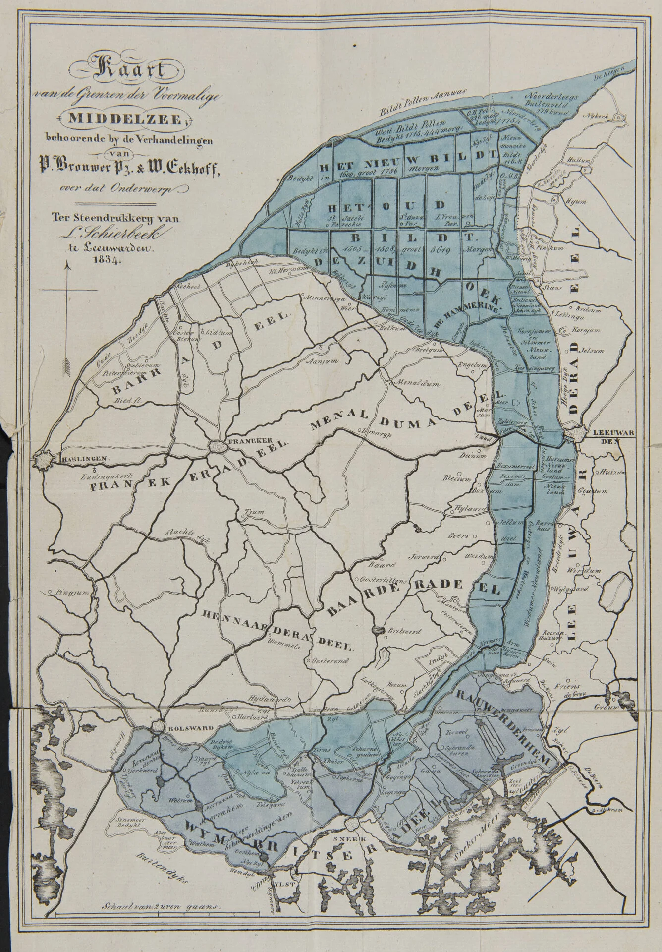 Historische kaart van circa 1834, met in het blauw de voormalige Middelzee weergegeven.