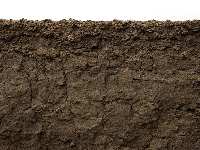 Detailfoto van kleibodem (bruinig) waarin nog geen duidelijke bodemvorming heeft plaatsgevonden.