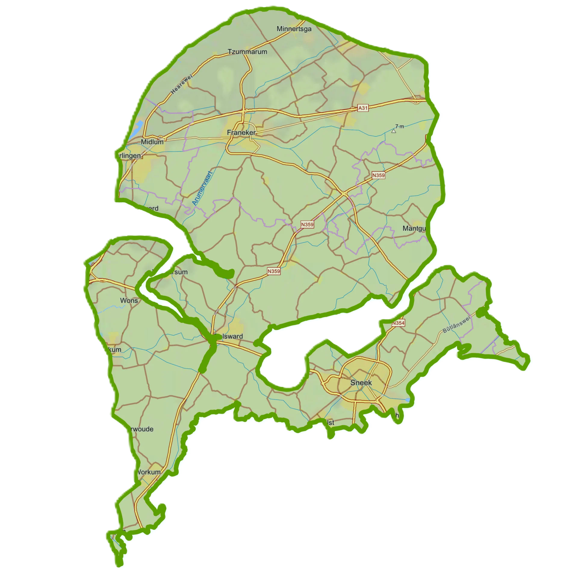 Kaartje oercultuurlandschap Westergo met in het zuidwesten Workum, in het zuiden Sneek en in het noorden o.a. Tzummarum.